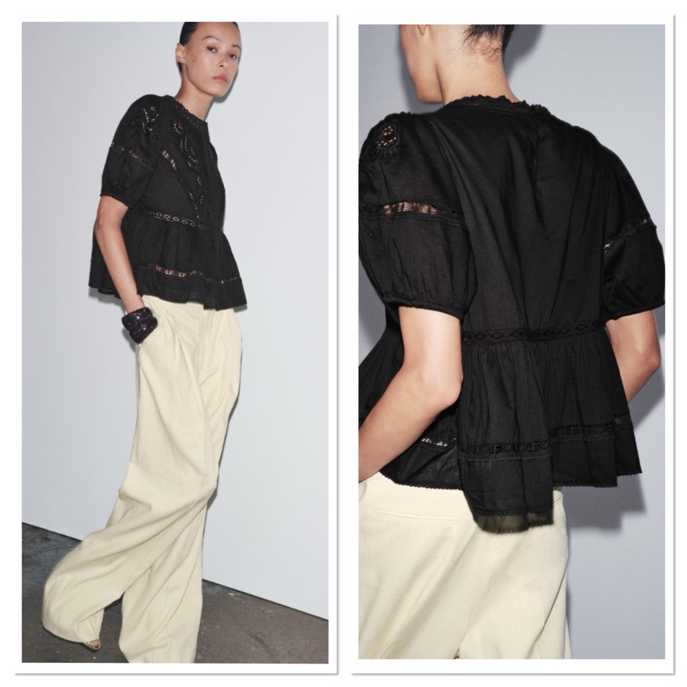 Zara Round Neck Short Sleeve Embroidered Romantic Blouse Top Sz:L Black - Picture 2 of 9